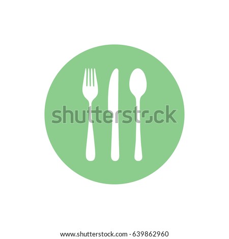 White cutlery set vector icon. Green button. Green circle