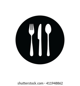 White cutlery set vector illustration. Black circle. Black button