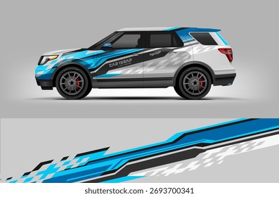 Diseño de envoltura de SUV con librea blanca y cian con raya a cuadros agresiva y patrón de movimiento dinámico. Se proporciona en formato EPS de Vector editable.