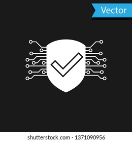 White Cyber security icon isolated on black background. Shield with check mark sign. Safety concept. Digital data protection. Vector Illustration