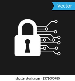 White Cyber security icon isolated on black background. Closed padlock on digital circuit board. Safety concept. Digital data protection. Vector Illustration