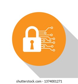 White Cyber security icon isolated on white background. Closed padlock on digital circuit board. Safety concept. Digital data protection. Orange circle button. Vector Illustration