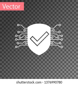 White Cyber security icon isolated on transparent background. Shield with check mark sign. Safety concept. Digital data protection. Vector Illustration