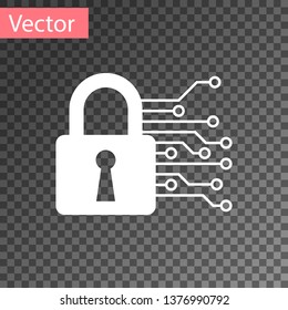 White Cyber security icon isolated on transparent background. Closed padlock on digital circuit board. Safety concept. Digital data protection. Vector Illustration