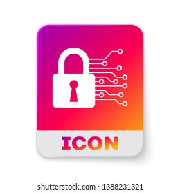 White Cyber security icon isolated on white background. Closed padlock on digital circuit board. Safety concept. Digital data protection. Rectangle color button. Vector Illustration