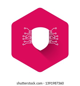 White Cyber security icon isolated with long shadow. Shield sign. Safety concept. Digital data protection. Pink hexagon button. Vector Illustration