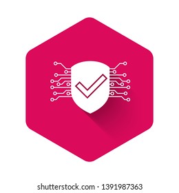 White Cyber security icon isolated with long shadow. Shield with check mark sign. Safety concept. Digital data protection. Pink hexagon button. Vector Illustration