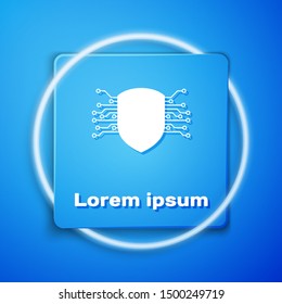 White Cyber security icon isolated on blue background. Shield sign. Safety concept. Digital data protection. Blue square button. Vector Illustration
