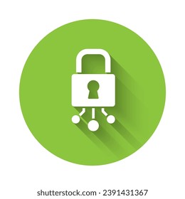 White Cyber security icon isolated with long shadow. Closed padlock on digital circuit board. Safety concept. Digital data protection. Green circle button. Vector