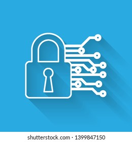 White Cyber security line icon isolated with long shadow. Closed padlock on digital circuit board. Safety concept. Digital data protection. Vector Illustration
