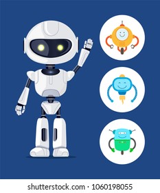 White cyborg with raising hand, vector poster, blue background, yellow cyborgs eyes, circles set with small droids, smiling robots with curved hands