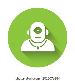 White Cyclops icon isolated with long shadow. Green circle button. Vector