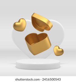 White cylinder 3d podium pedestal with golden open gift box heart holiday show realistic vector illustration. Elegant luxury advertising shopping present display showroom studio decorative interior