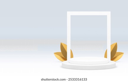O pódio 3d do cilindro branco com o fundo da parede do quadro do retângulo para a ilustração do vetor realista da apresentação. Pedestal moderno leve com luxo vitrine de exibição de folhas douradas para exibição de produtos