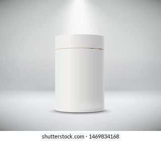 White cylinder box.  Round empty paper box for food soup tea or coffee. Vector mockup of white blank box.