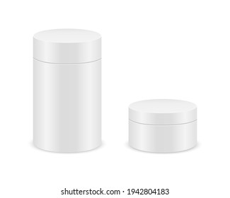 White cylinder boxes isolated on white background. Tube cardboard package mockup for product design. Blank containers for gifts, food, tea, coffee. Vector realistic illustration.