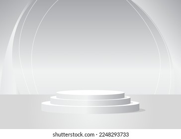 White cylinder pedestal podium. Abstract Mockup product display. Stage showcase for product display presentation. Realistic vector 3D room. Futuristic Sci-fi minimal geometric forms, empty scene.