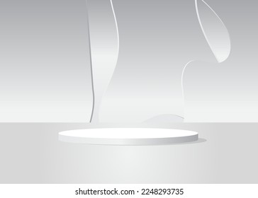 White cylinder pedestal podium. Abstract Mockup product display. Stage showcase for product display presentation. Realistic vector 3D room. Futuristic Sci-fi minimal geometric forms, empty scene.
