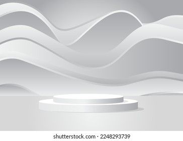 White cylinder pedestal podium. Abstract Mockup product display. Stage showcase for product display presentation. Realistic vector 3D room. Futuristic Sci-fi minimal geometric forms, empty scene.