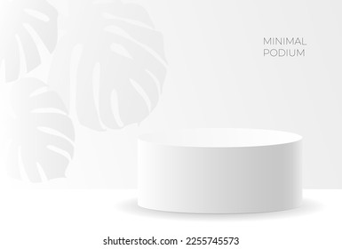White cylinder pedestal podium and gentle background with monstera leaf shadow. Vector geometric platform. Stage for a showcase