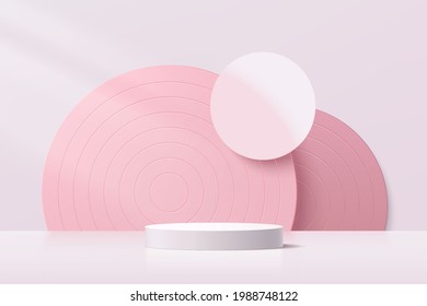 White cylinder pedestal podium. Geometric platform. Abstract pink pastel minimal wall scene. Semi circle backdrop in pink color. Vector rendering 3d geometric shape for product display presentation.