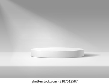 White cylinder pedestal podium. Realistic vector rendering 3d shape. Studio room concept with podium and spotlight minimal wall scene