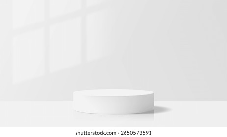 Pantalla de podio de cilindro blanco con sombra de ventana. Etapa mínima del producto cosmético. Escena abstracta simple para la promoción de la marca.