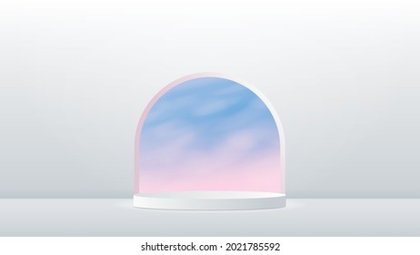 Podio de cilindro blanco en escena vacía. Escena mínima con cielo al atardecer fuera de la ventana. Presentación del producto, maqueta, muestra productos cosméticos, podio, disposición, pedestal o plataforma. 3.ª representación