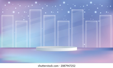 White cylinder podium in empty scene. Minimal scene with magic show on background. Product presentation, mock up, show cosmetic product, Podium, layout, stage pedestal or platform. 3d render
