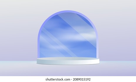 White cylinder podium in empty scene. Minimal scene with sunset sky outside the window. Product presentation, mock up, show cosmetic product, Podium, layout, stage pedestal or platform. 3d render