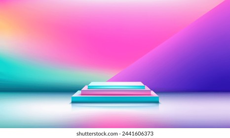 White cylinder podium in empty scene. Minimal scene in holographic rainbow design. Product presentation, mock up, show cosmetic product, Podium, layout, stage pedestal or platform. 3d render