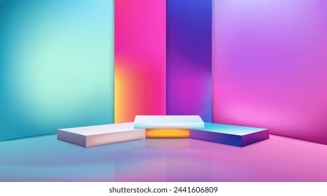 White cylinder podium in empty scene. Minimal scene in holographic rainbow design. Product presentation, mock up, show cosmetic product, Podium, layout, stage pedestal or platform. 3d render