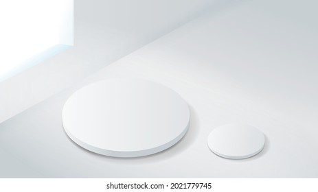 White cylinder podium in isometric scene. Abstract minimal isometry scene with geometric forms. Product presentation, mock up, show cosmetic product, Podium, layout, stage pedestal or platform.