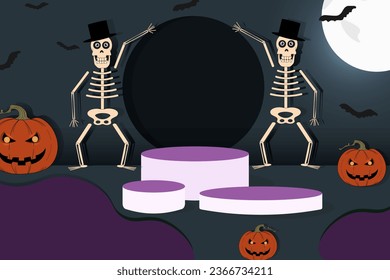 White cylinder Podium on creepy Halloween background with Skeleton. 3d template for Advertising banner with base. Vector illustration. Halloween banner concept.