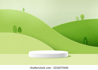 White cylinder podium green nature mountains landscape 3d Paper cut abstract minimal geometric shape template background Vector illustration 