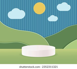 White cylinder podium on green nature hills landscape with sun, clouds.3d Paper cut abstract minimal geometric shape template background.Vector