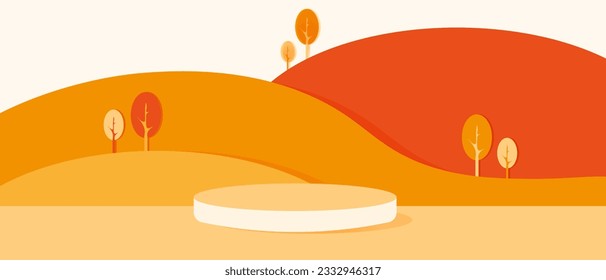 White cylinder Podium on orange nature mountains landscape in Cut out paper style. Season 3d Paper cut template for Advertising banner with base. Vector illustration. 