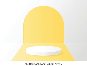 White cylinder podium in the room with yellow stripe on background, vector geometric platform illustration for product display presentation, promotion banner.