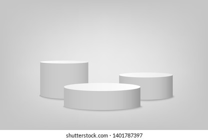 White cylinder podium set with one step, competition winner award platform stage. Empty 3d mockup style design of minimalist contest champion pedestal, vector illustration.