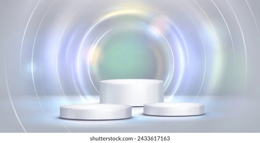 White cylinder podium of three heights on studio background with floor, wall and light neon circle. Realistic vector illustration of product display platform with glow bright ring or lens flare effect