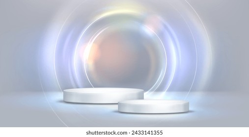 White cylinder podium of two heights on studio background with floor, wall and light neon circle. Realistic vector illustration of product display platform with glow bright ring or lens flare effect