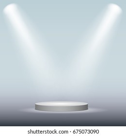 White cylinder podium under light on blue background. Vector illustration.