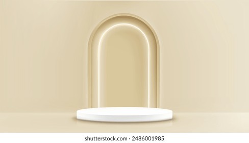 Podio de producto de cilindro blanco con arco decorativo brillante de neón en el interior de estudio de color pastel beige. Ilustración vectorial 3D realista de la etapa del pedestal de la presentación. Maqueta de plataforma geométrica vacía