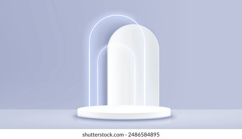 Podio de producto de cilindro blanco con arco decorativo brillante de neón en el interior de estudio azul pastel. Ilustración vectorial 3D realista de la presentación de pedestal o escenario. Maqueta de plataforma geométrica vacía