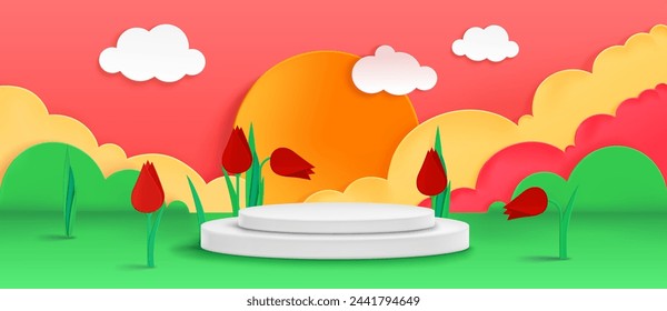 White cylinder product podium in paper cut spring or summer landscape with origami red tulip flowers, green leaves and grass, orange sky with clouds and sun. Realistic 3d vector goods display platform
