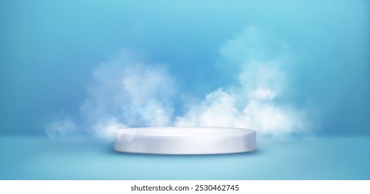 Pódio produto cilindro branco com nuvens de fumaça no interior da sala de estúdio pastel azul. Vetor 3d realista céu estilo mercadorias exibir plataforma com vapor. sonhar fase redonda para a apresentação de mercadorias com nevoeiro