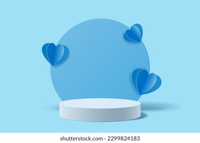 White cylinder stand for displaying products decorated with blue paper cut hearts, Father's Day Abstract 3D background, Vector illustration