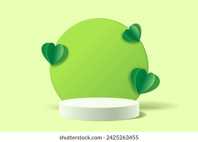 White cylinder stand for displaying products decorated with green paper cut hearts, Save Environment concept abstract 3D background, Vector illustration