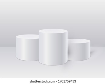 White cylinder template. 3d base stand podium or studio pedestal round platform showroom. Vector illustration