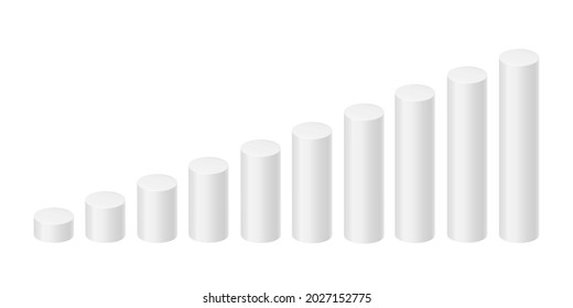 Botellas blancas de diferente altura. Gráfico de barras. Elementos del gráfico de columnas para la infografía estadística de finanzas. Crecimiento o disminución de los signos. Ilustración del vector 3d
